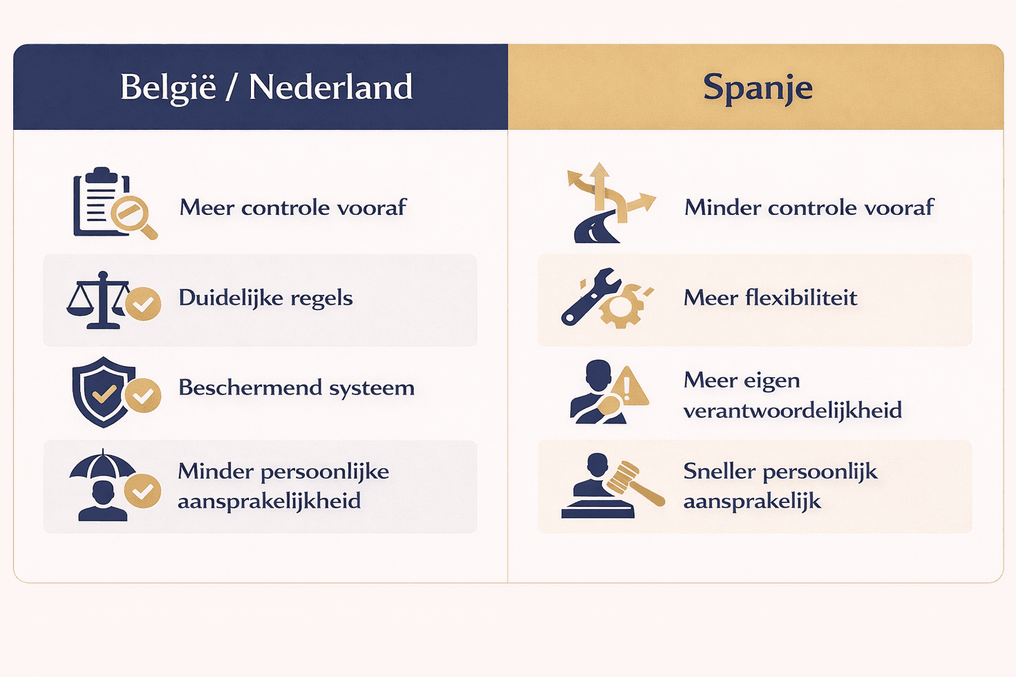 Vergelijking van aansprakelijkheid tussen België, Nederland en Spanje met verschillen in controle, flexibiliteit en persoonlijke verantwoordelijkheid