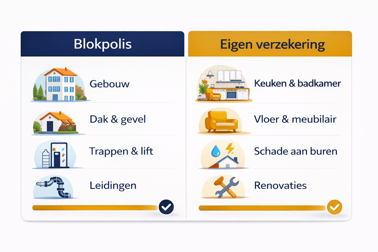 Deze infographic toont het verschil tussen een blokpolis (gemeenschappelijke verzekering) en een eigen verzekering voor uw appartement in Spanje. Zo ziet u in één oogopslag wat wel en niet gedekt is.