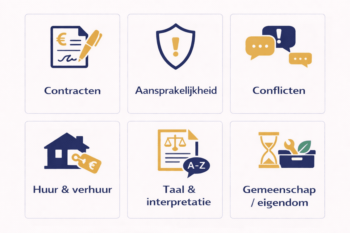 Deze infographic toont de belangrijkste juridische situaties waar expats in Spanje vaak mee geconfronteerd worden, zoals contracten, aansprakelijkheid, huur en interpretatieverschillen. Ze helpt om beter inzicht te krijgen in mogelijke risico’s en verantwoordelijkheden.