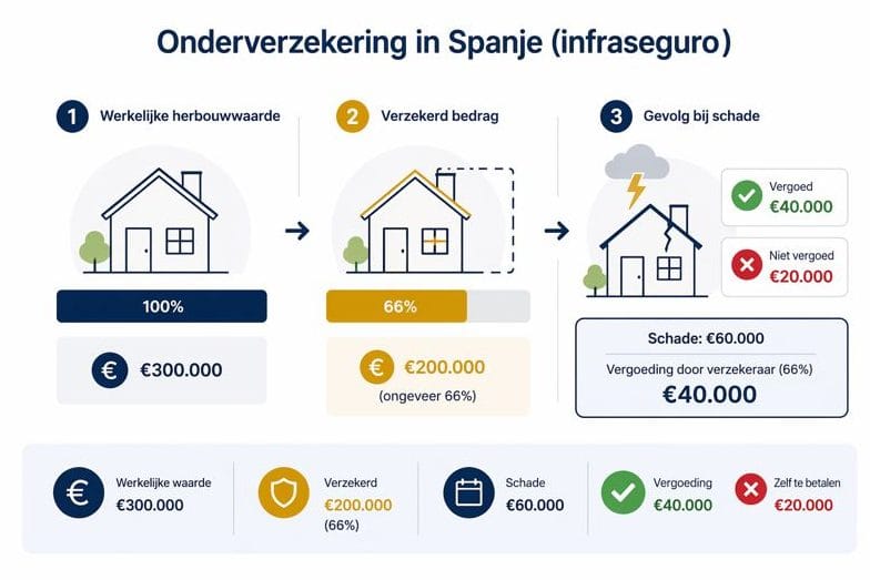Voorbeeld van onderverzekering in Spanje met berekening van schadevergoeding en eigen bijdrage