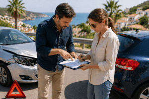 Bestuurders vullen schadeformulier in na auto-ongeluk in Spanje