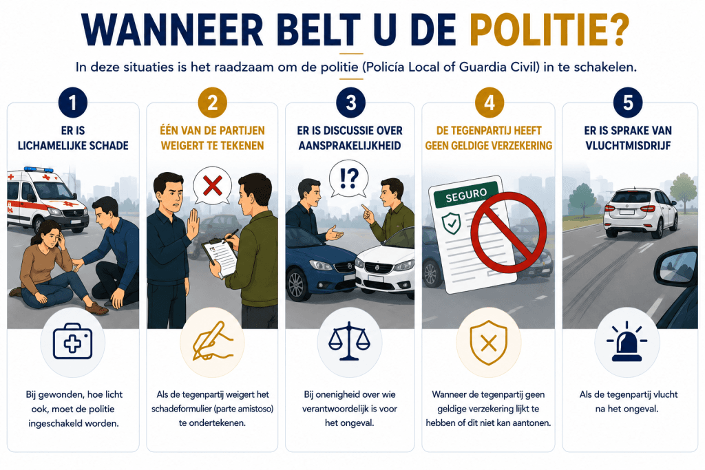 Infografiek die toont wanneer u de politie moet inschakelen om autoschade in Spanje melden correct te ondersteunen.
