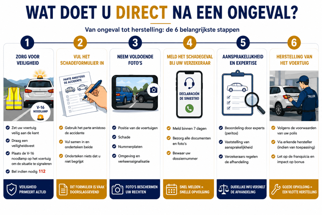 Infografiek met de belangrijkste stappen om autoschade in Spanje melden correct en veilig af te handelen na een ongeval.
