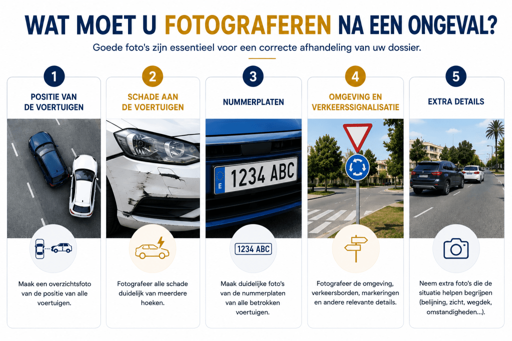 Infografiek over welke foto’s belangrijk zijn om autoschade in Spanje melden correct te documenteren bij een schadegeval.