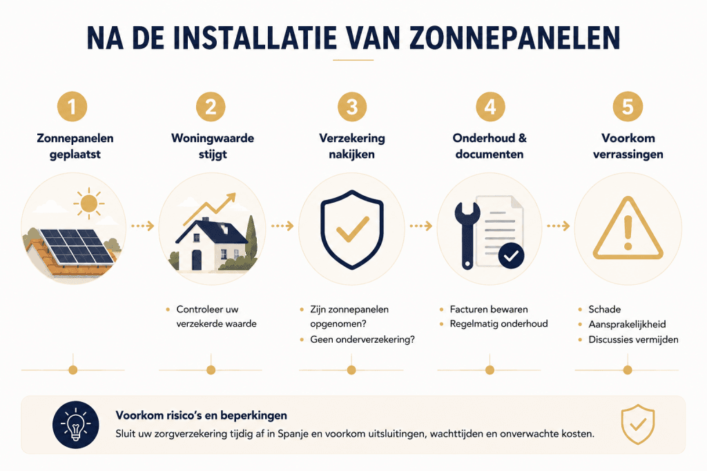 Infografiek over Zonnepanelen in Spanje met de belangrijkste stappen na de installatie: woningwaarde controleren, verzekering aanpassen, onderhoud uitvoeren en verrassingen voorkomen.