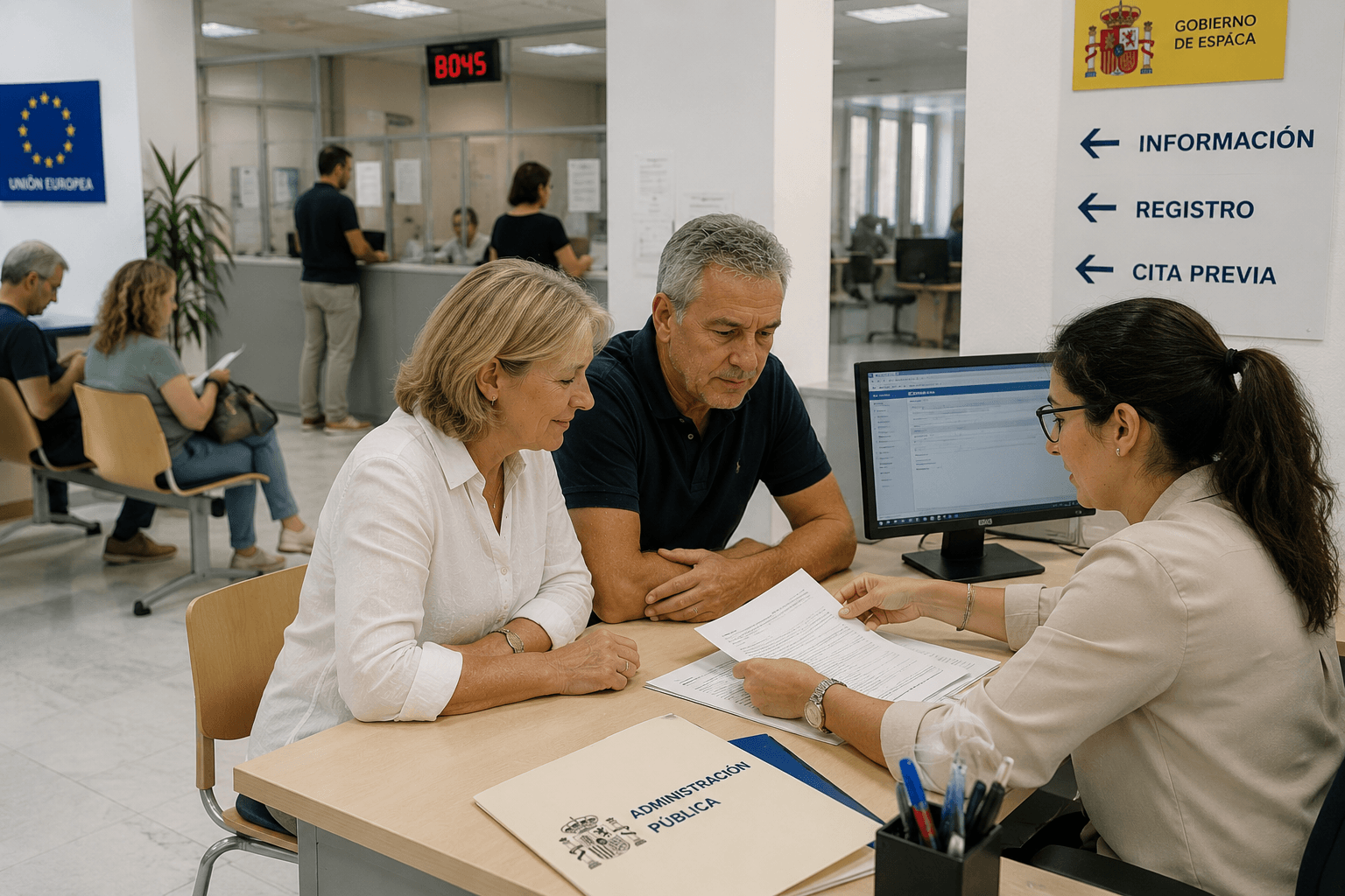 Nederlandstalig koppel bij een administratiekantoor in Spanje tijdens een afspraak over documenten en procedures na hun verhuis vanuit België of Nederland. Administratie in Spanje uitgelegd voor nieuwe residenten.