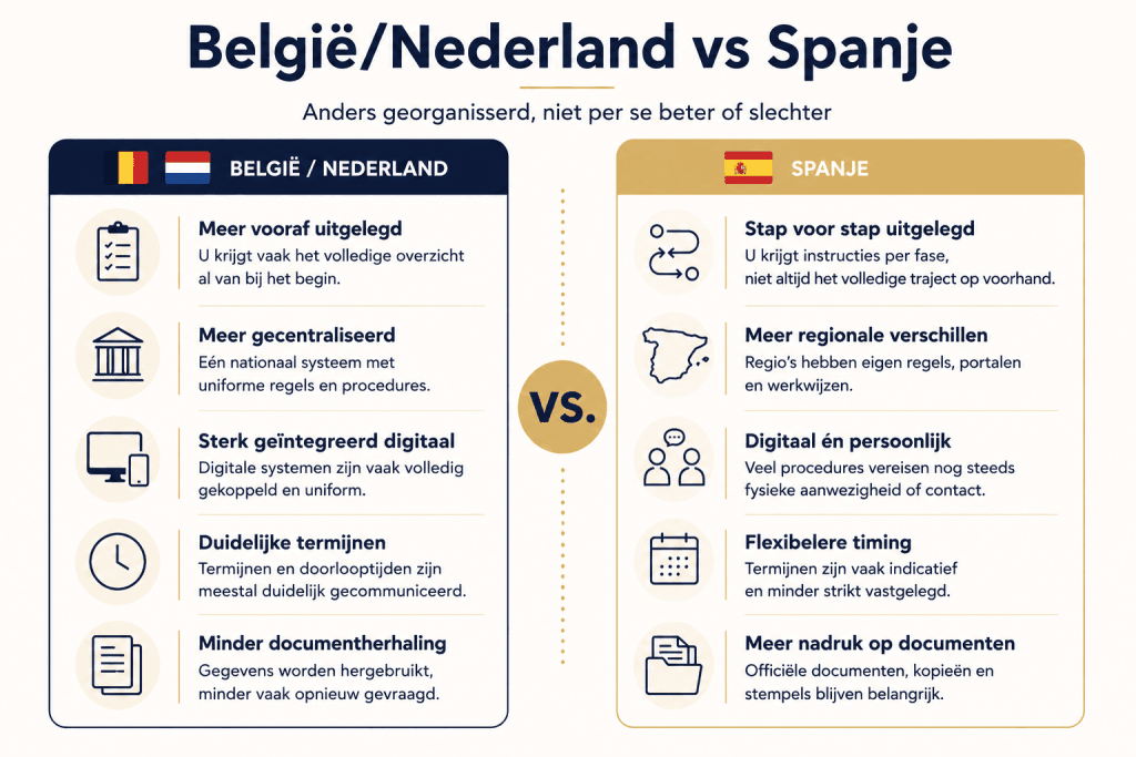 Infografiek over administratie in Spanje met een vergelijking tussen administratieve processen in Spanje en België of Nederland, waaronder digitalisering, documentatie en regionale verschillen.