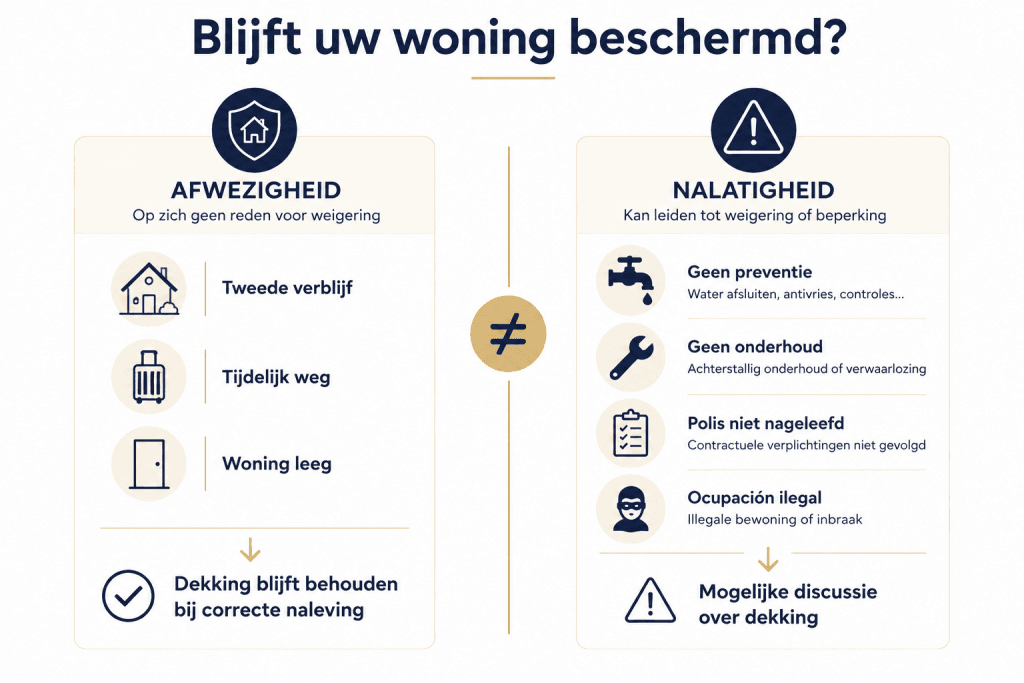 Infografiek over leegstand in Spanje die het verschil toont tussen normale afwezigheid en nalatigheid, en hoe dit de beoordeling van de dekking door de verzekeraar kan beïnvloeden.