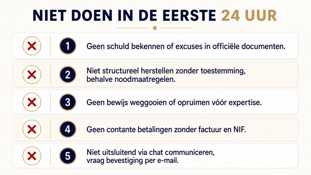 Infografiek met vijf zaken die u niet mag doen in de eerste 24 uur na schadegeval in Spanje.