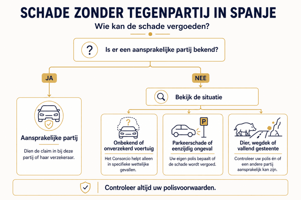 Infografiek die toont wie betaalt bij schade zonder tegenpartij in Spanje, afhankelijk van de oorzaak en de gekozen autodekking.